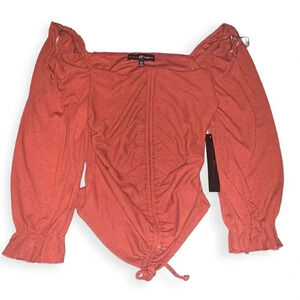 Almost Famous Juniors' Drawstring Peasant Top with Puff Sleeves